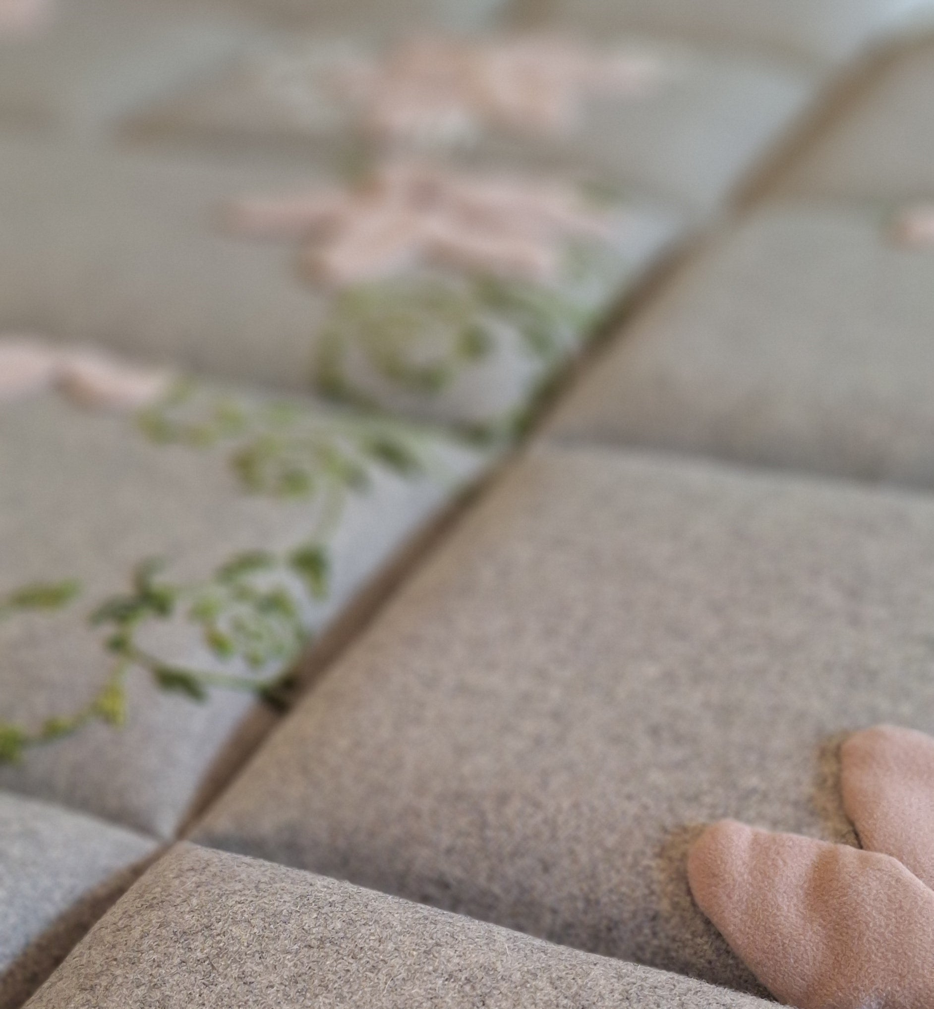 Light grey acoustic panels with pink floral art and green hand sewn decorations